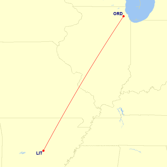 Map of flight route between LIT and ORD, created by Paul Bogard’s Flight Historian