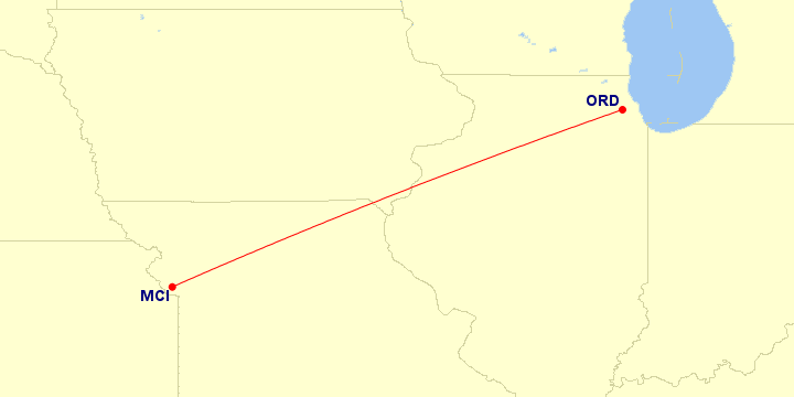 Map of flight route between MCI and ORD, created by Paul Bogard’s Flight Historian