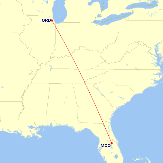 Map of flight route between ORD and MCO, created by Paul Bogard’s Flight Historian
