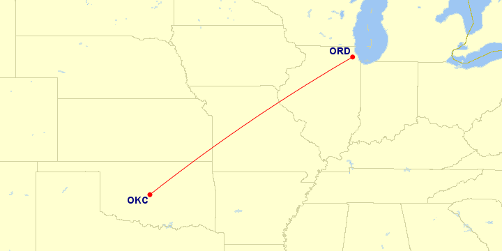 Map of flight route between ORD and OKC, created by Paul Bogard’s Flight Historian
