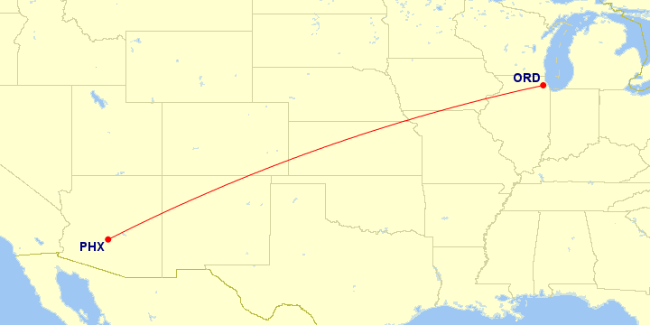 Map of flight route between PHX and ORD, created by Paul Bogard’s Flight Historian