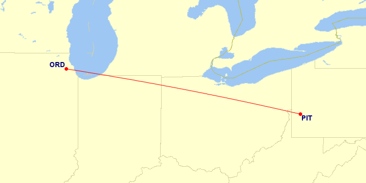 Map of flight route between ORD and PIT, created by Paul Bogard’s Flight Historian