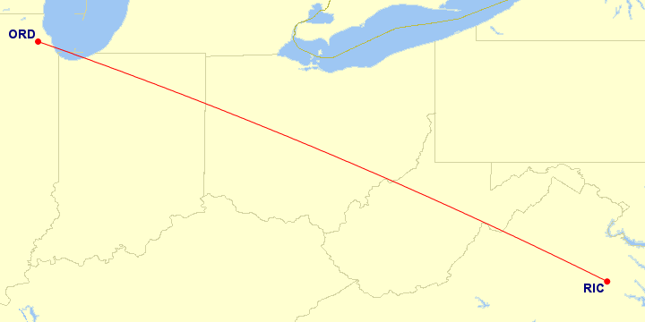 Map of flight route between RIC and ORD, created by Paul Bogard’s Flight Historian