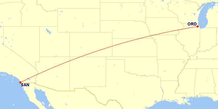 Map of flight route between SAN and ORD, created by Paul Bogard’s Flight Historian