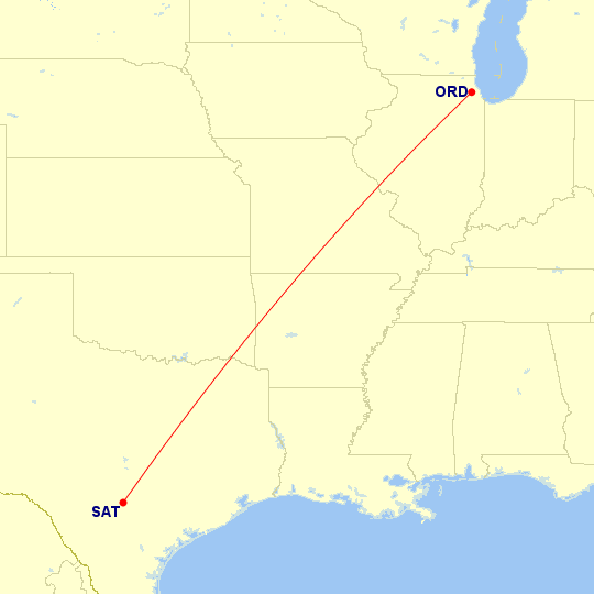 Map of flight route between ORD and SAT, created by Paul Bogard’s Flight Historian