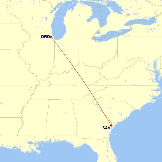 Map of flight route between SAV and ORD, created by Paul Bogard’s Flight Historian