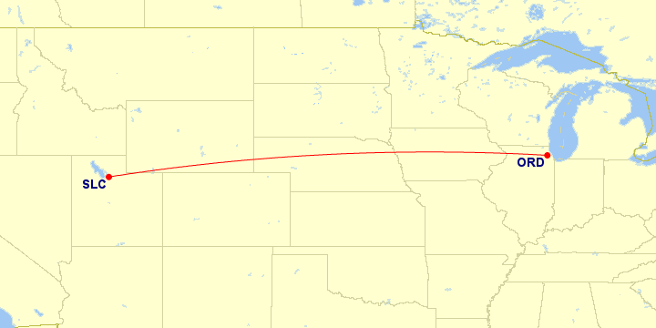 Map of flight route between SLC and ORD, created by Paul Bogard’s Flight Historian