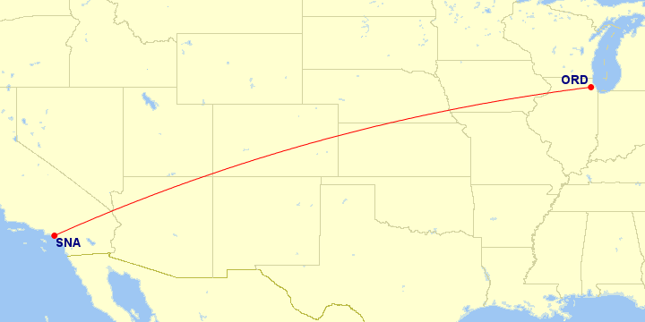 Map of flight route between ORD and SNA, created by Paul Bogard’s Flight Historian