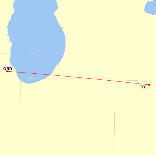 Map of flight route between ORD and TOL, created by Paul Bogard’s Flight Historian