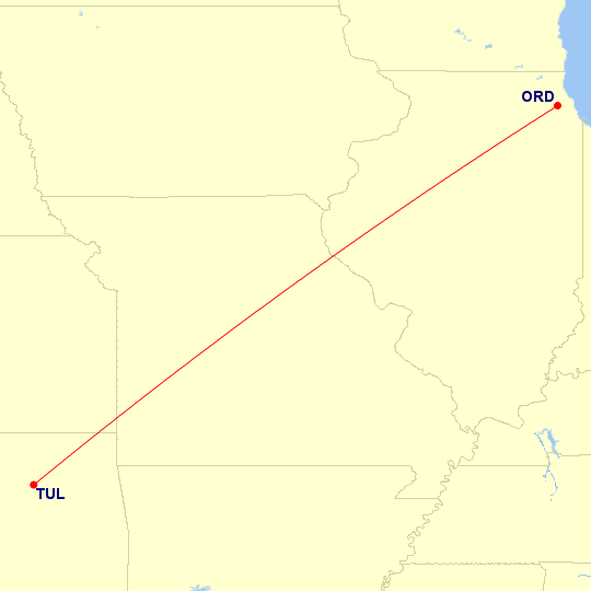 Map of flight route between ORD and TUL, created by Paul Bogard’s Flight Historian