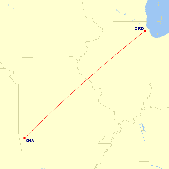 Map of flight route between ORD and XNA, created by Paul Bogard’s Flight Historian