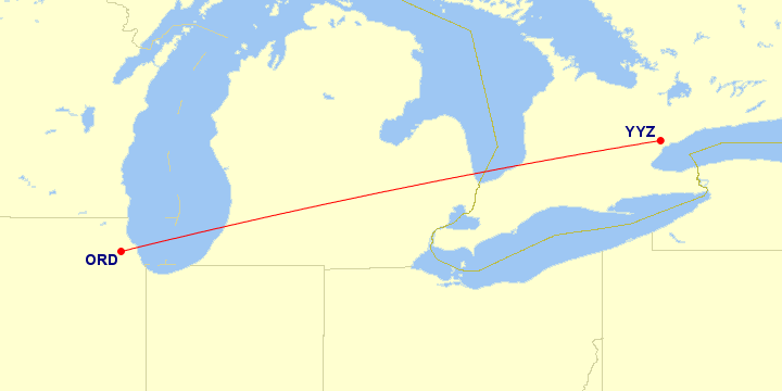 Map of flight route between ORD and YYZ, created by Paul Bogard’s Flight Historian
