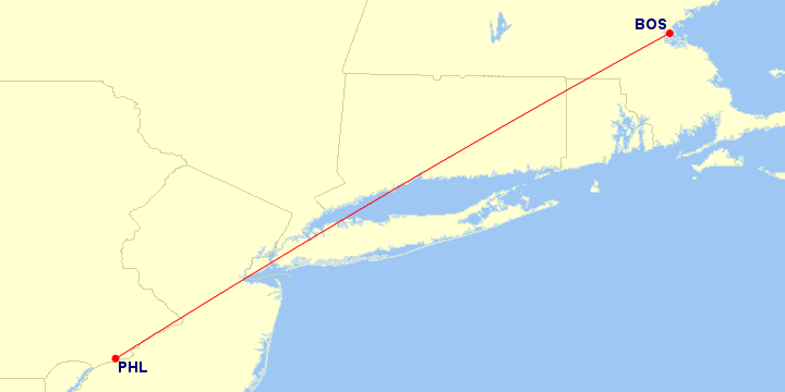 Map of flight route between BOS and PHL, created by Paul Bogard’s Flight Historian