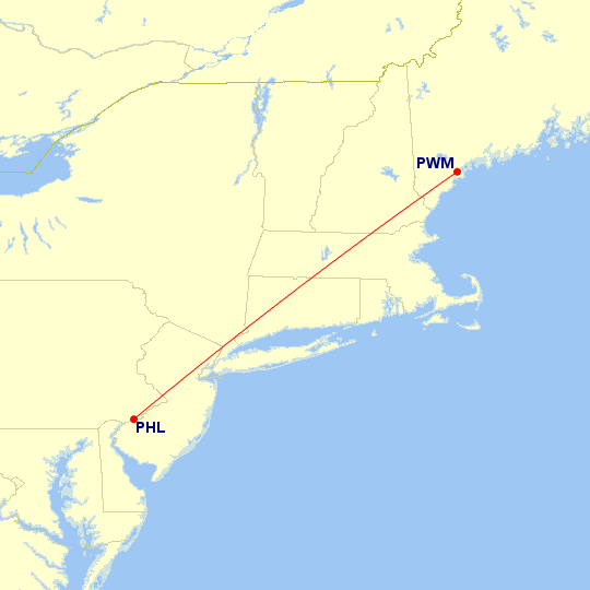 Map of flight route between PWM and PHL, created by Paul Bogard’s Flight Historian