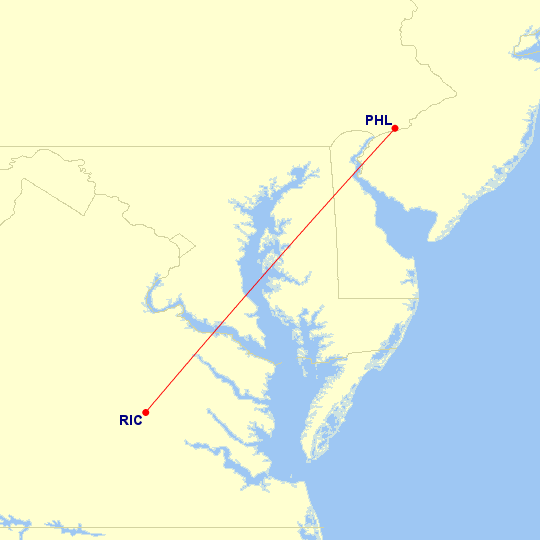 Map of flight route between PHL and RIC, created by Paul Bogard’s Flight Historian