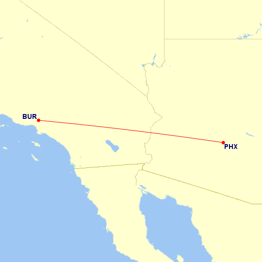 Map of flight route between BUR and PHX, created by Paul Bogard’s Flight Historian