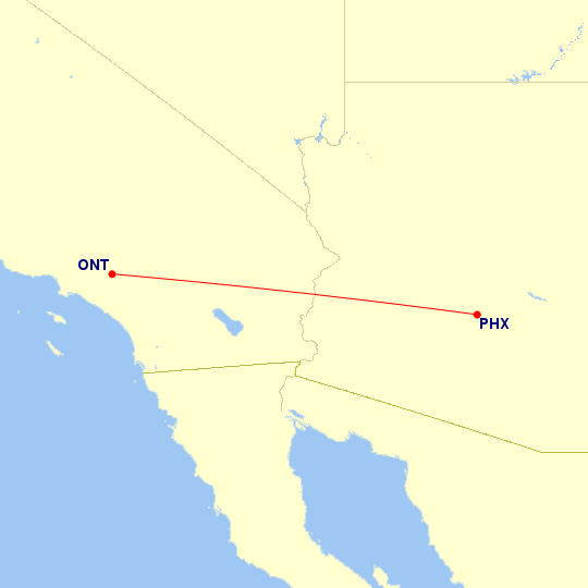 Map of flight route between PHX and ONT, created by Paul Bogard’s Flight Historian