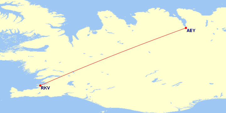 Map of flight route between AEY and RKV, created by Paul Bogard’s Flight Historian