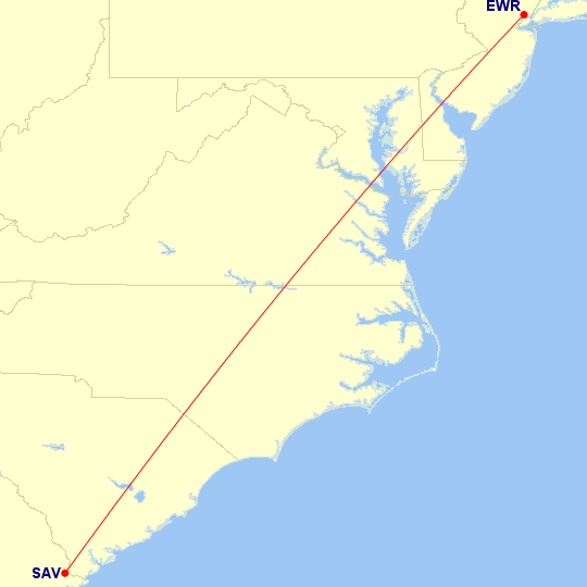 Map of flight route between SAV and EWR, created by Paul Bogard’s Flight Historian