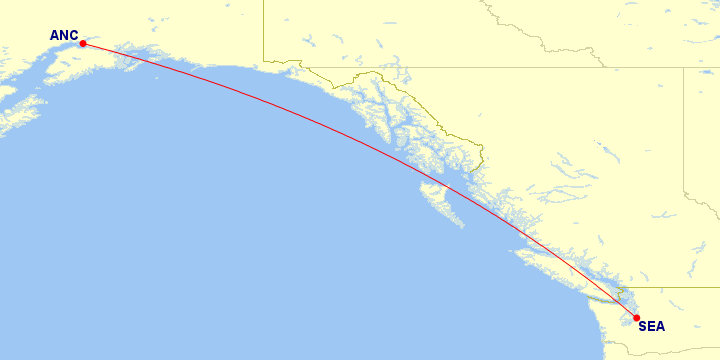 Map of flight route between ANC and SEA, created by Paul Bogard’s Flight Historian