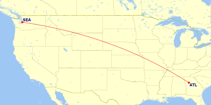Map of flight route between SEA and ATL, created by Paul Bogard’s Flight Historian