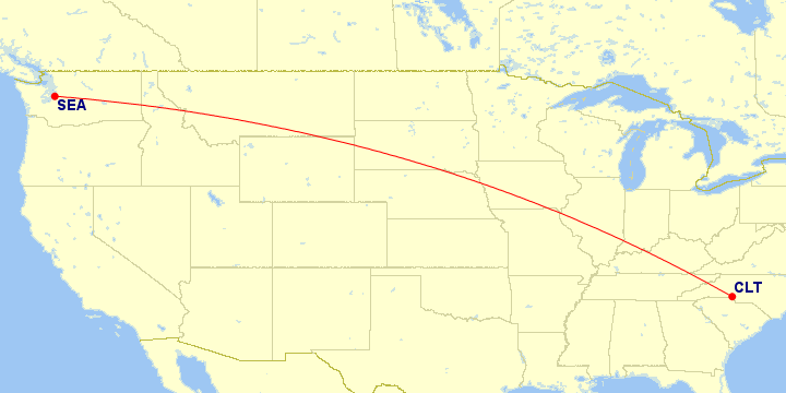 Map of flight route between SEA and CLT, created by Paul Bogard’s Flight Historian