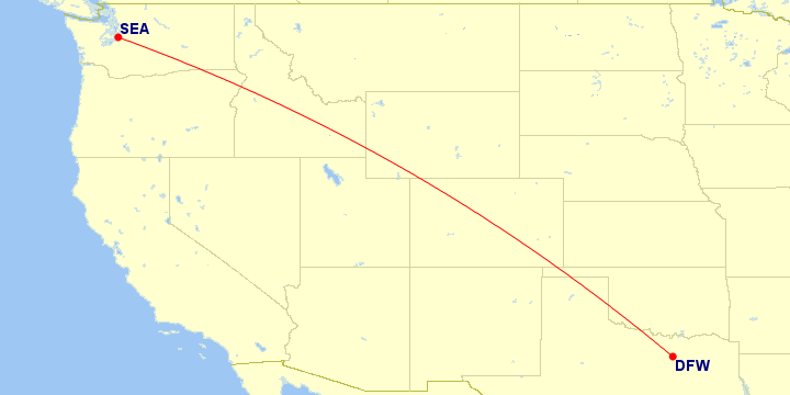 Map of flight route between SEA and DFW, created by Paul Bogard’s Flight Historian