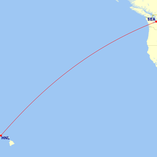 Map of flight route between HNL and SEA, created by Paul Bogard’s Flight Historian