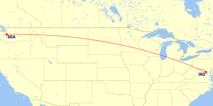 Map of flight route between SEA and IAD, created by Paul Bogard’s Flight Historian