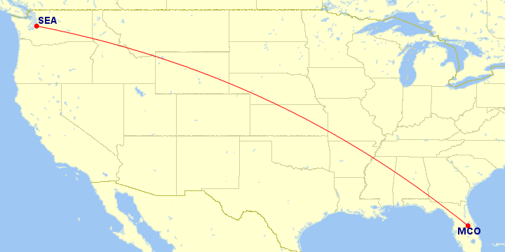 Map of flight route between MCO and SEA, created by Paul Bogard’s Flight Historian