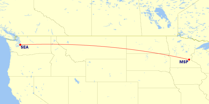 Map of flight route between SEA and MSP, created by Paul Bogard’s Flight Historian