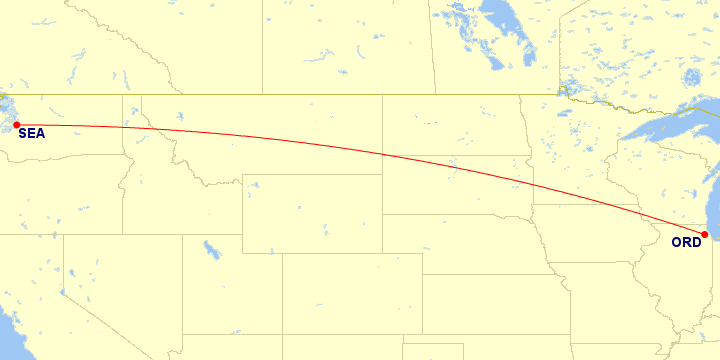 Map of flight route between SEA and ORD, created by Paul Bogard’s Flight Historian