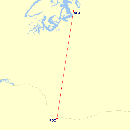 Map of flight route between SEA and PDX, created by Paul Bogard’s Flight Historian