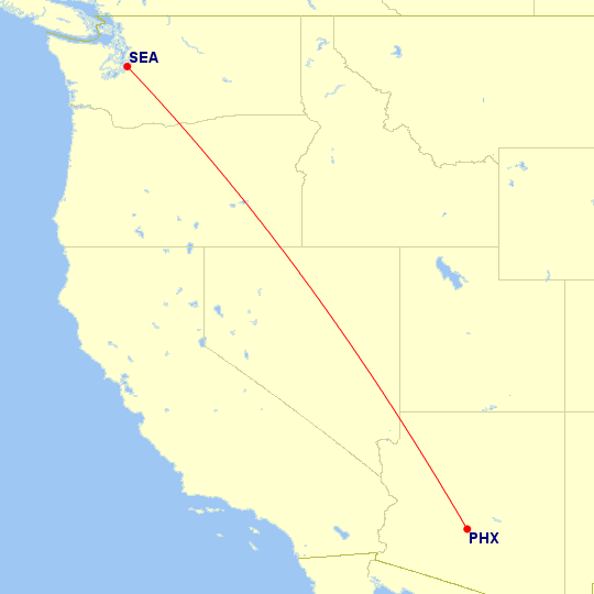 Map of flight route between SEA and PHX, created by Paul Bogard’s Flight Historian