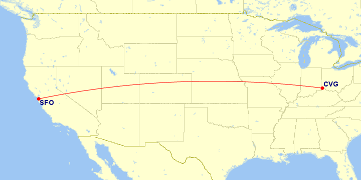 Map of flight route between CVG and SFO, created by Paul Bogard’s Flight Historian