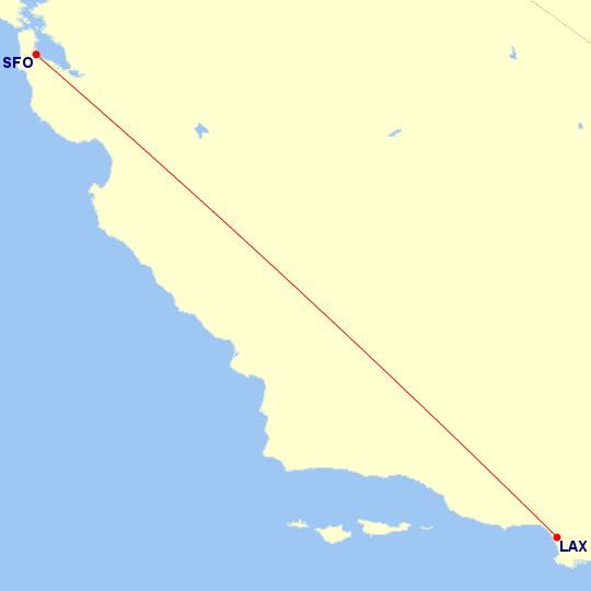 Map of flight route between LAX and SFO, created by Paul Bogard’s Flight Historian