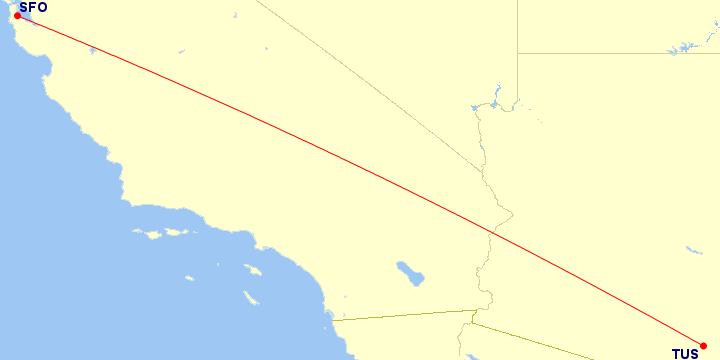 Map of flight route between TUS and SFO, created by Paul Bogard’s Flight Historian
