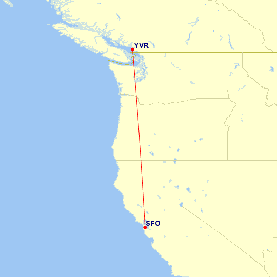 Map of flight route between SFO and YVR, created by Paul Bogard’s Flight Historian
