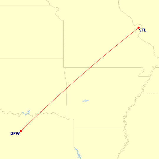 Map of flight route between DFW and STL, created by Paul Bogard’s Flight Historian