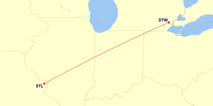 Map of flight route between DTW and STL, created by Paul Bogard’s Flight Historian