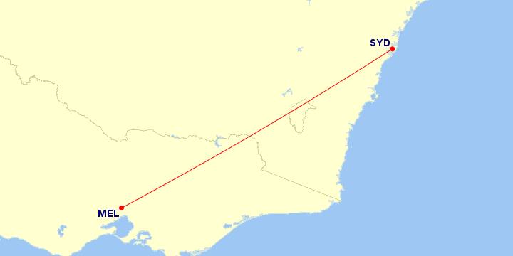 Map of flight route between SYD and MEL, created by Paul Bogard’s Flight Historian
