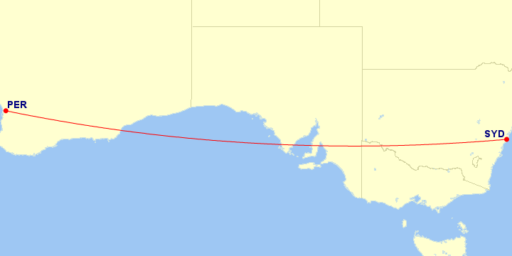 Map of flight route between SYD and PER, created by Paul Bogard’s Flight Historian