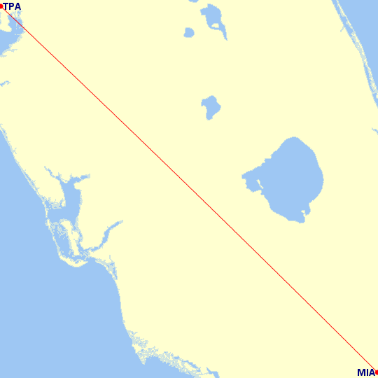 Map of flight route between TPA and MIA, created by Paul Bogard’s Flight Historian