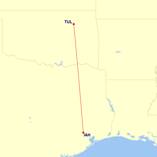 Map of flight route between TUL and IAH, created by Paul Bogard’s Flight Historian