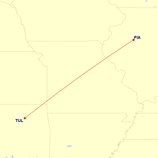 Map of flight route between TUL and PIA, created by Paul Bogard’s Flight Historian