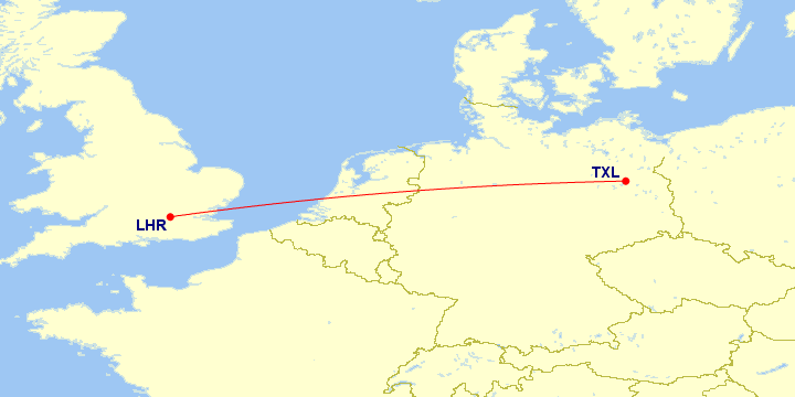 Map of flight route between TXL and LHR, created by Paul Bogard’s Flight Historian