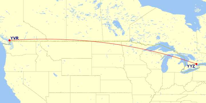 Map of flight route between YVR and YYZ, created by Paul Bogard’s Flight Historian