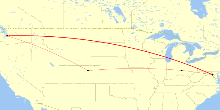 Map of flight routes with some routes emphasized, created by Paul Bogard’s Flight Historian