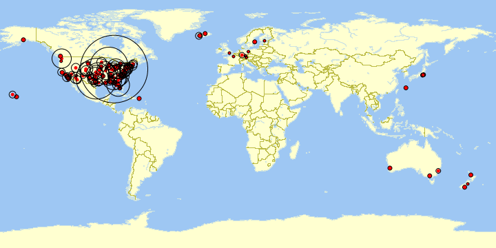 Map of airport locations and number of visits, created by Paul Bogard’s Flight Historian